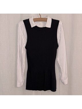 Preview L Black Knit Ribbed Sleeveless Crewneck Sweater Vest with Peplum Hem